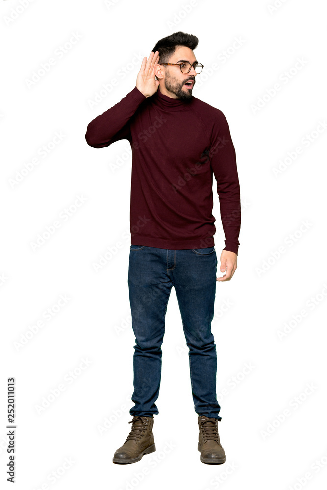 Full-length shot of Handsome man with glasses listening to something by putting hand on the ear on isolated white background Full-length shot of Handsome man with glasses listening to something by putting hand on the ear on isolated white background