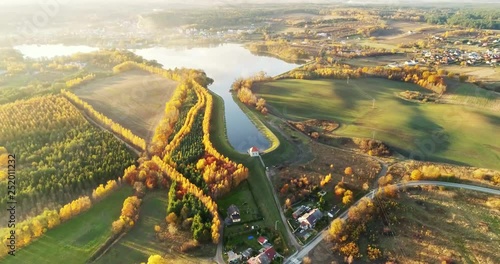 Aerial view of meadows and lakes in Poland. Village and houses. Scenic view.