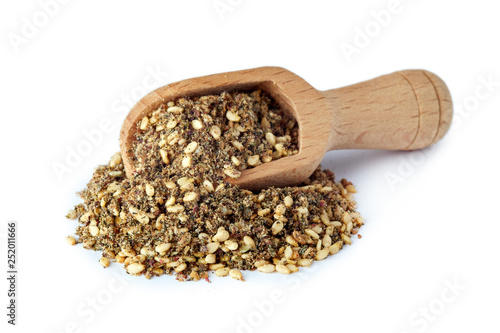 Za'atar (zatar), Middle Eastern spice mixture isolated on white background photo