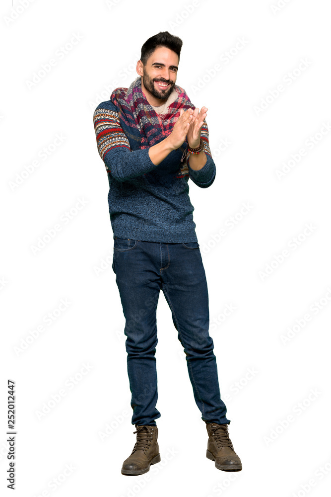 Full-length shot of Hippie man applauding after presentation in a conference on isolated white background Full-length shot of Hippie man applauding after presentation in a conference on isolated white background
