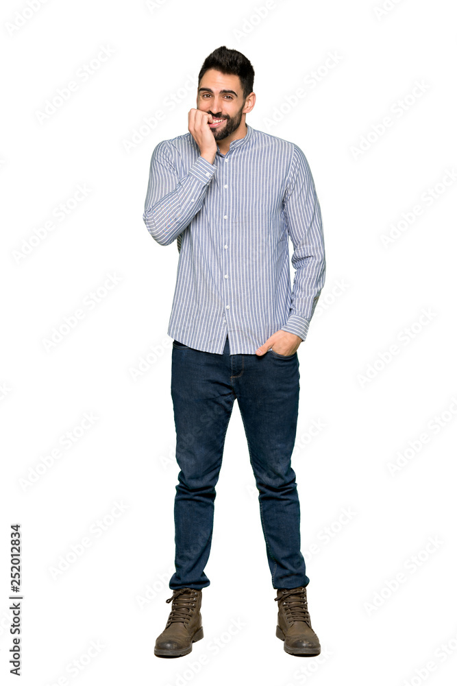 Full-length shot of Elegant man with shirt is a little bit nervous and scared putting hands to mouth on isolated white background Full-length shot of Elegant man with shirt is a little bit nervous and scared putting hands to mouth on isolated white background