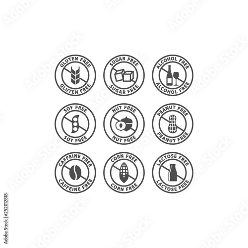 Caffeine, alcohol, sugar free black vector label set. Nuts, peanuts, corn free circle stamp badge signs.