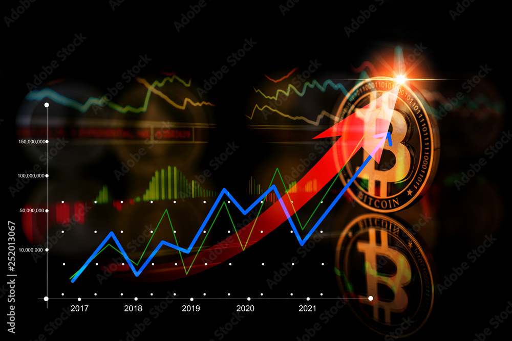 block chain cryptocurrency business strategy ideas concept  bit coin on reflection floor dark color tone and virtual financial graph chart success concept