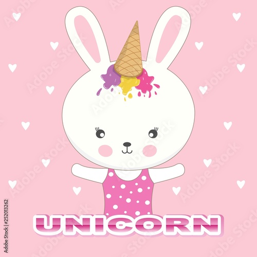 Cute bunny unicorn. Beautiful adorable rabbit in a ice cream cap on a pink background.