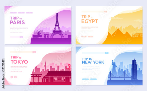 Travel information cards. Landscape template of flyear, magazines, posters, book cover, banners. Country of England, China, Germany, India, Japan, USA, France and Egypt set. Layout city pages
