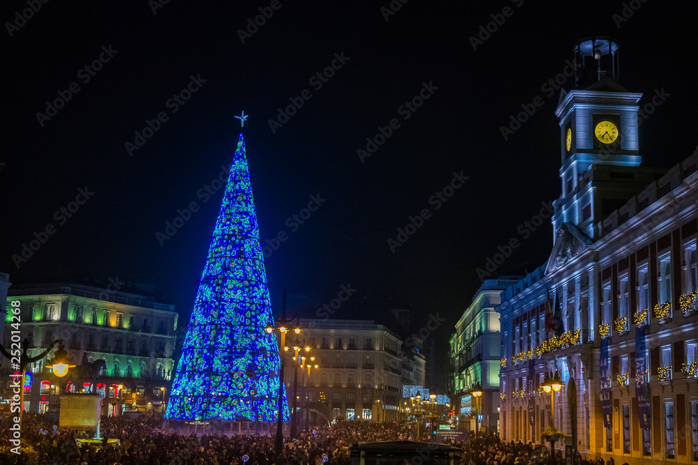Puerta del Sol Clock Tower and christmas tree,Madrid, Spain