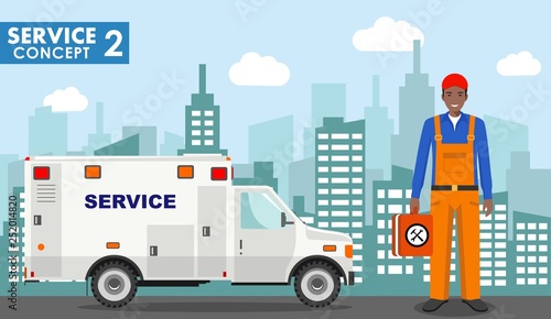 Repair service concept. Detailed illustration of service machine and master repairer on background with cityscape in flat style. Vector illustration.