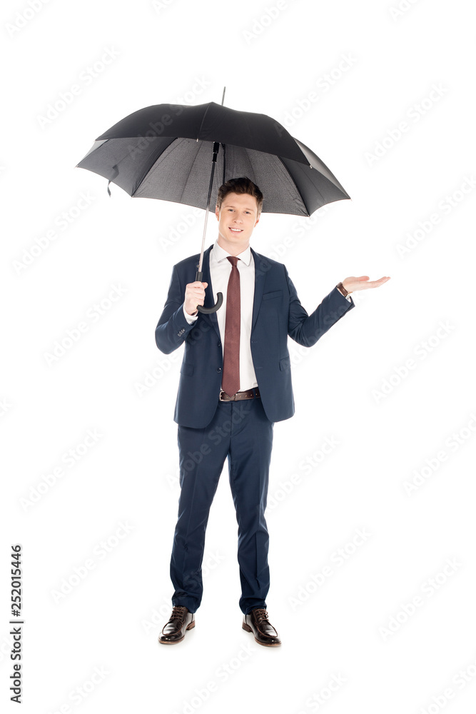 smiling businessman in suit with umbrella checking rain, isolated on white smiling businessman in suit with umbrella checking rain, isolated on white
