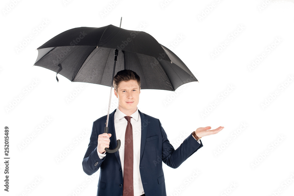handsome businessman with umbrella checking rain, isolated on white handsome businessman with umbrella checking rain, isolated on white
