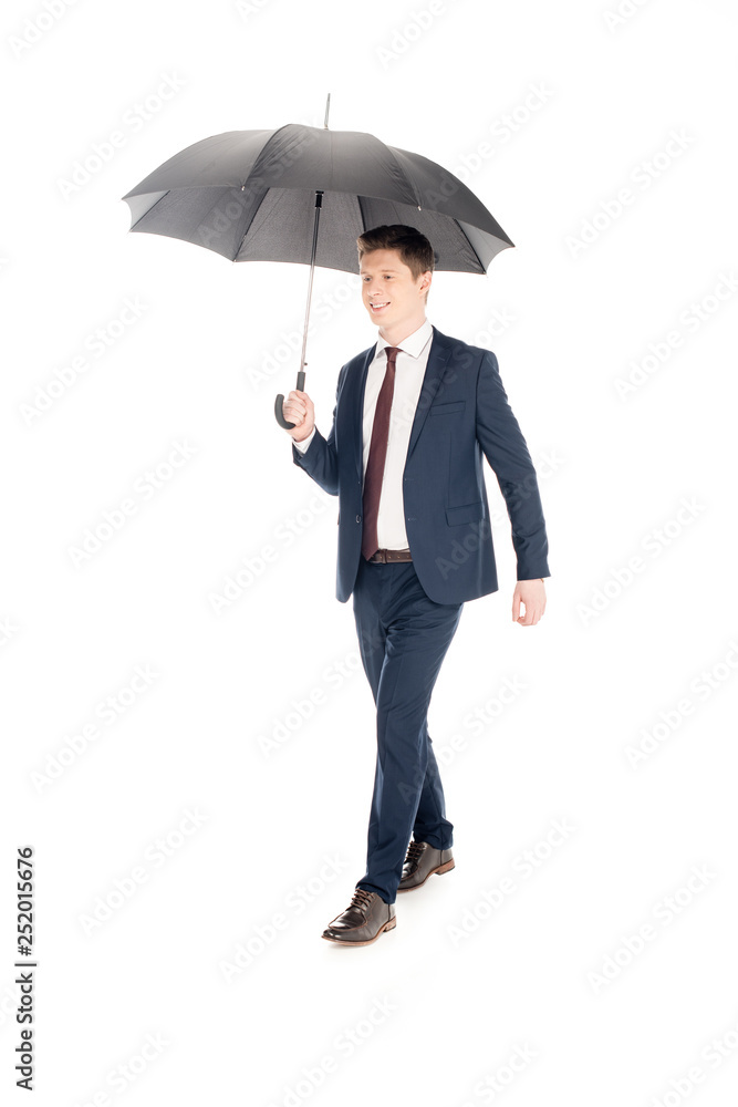 smiling stylish businessman posing with umbrella isolated on white smiling stylish businessman posing with umbrella isolated on white
