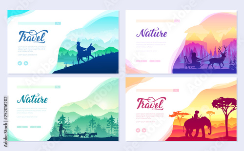 Different riders of the world vector brochure cards set. Colorful landscape template of flyear, web banner, ui header, enter site. Invitation concept background. Layout illustration modern slider page