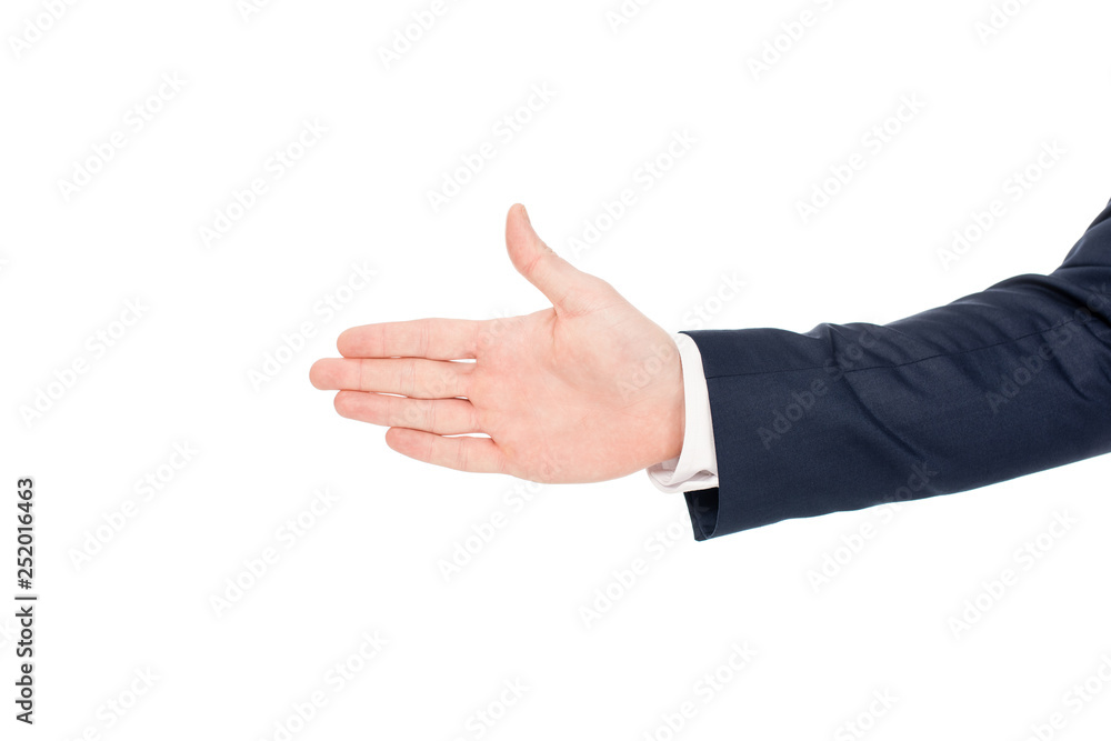 hand of businessman in suit isolated on white, partial view hand of businessman in suit isolated on white, partial view