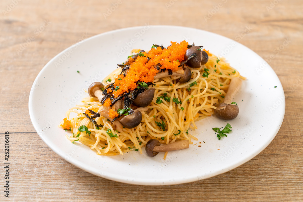 spaghetti with mushrooms, shrimp egg and seaweed spaghetti with mushrooms, shrimp egg and seaweed