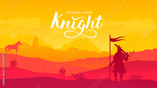 Silhouette historical battlefield at sunset design. Military silhouettes fighting scene on war landscape background. Medieval battle scattered arms and armor around the field.
