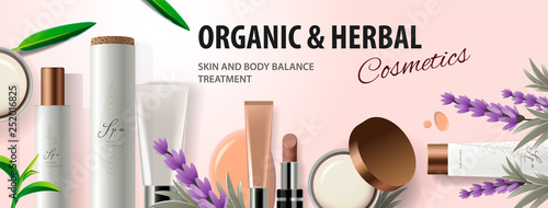 Top view of organic cosmetic products with herbal ingredients, light pink background, vector illustration. Modern concept for website and mobile website development.