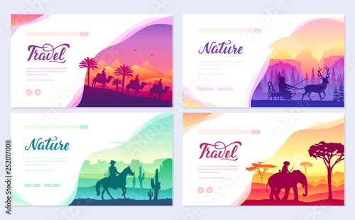Different riders of the world vector brochure cards set. Colorful landscape template of flyear, web banner, ui header, enter site. Invitation concept background. Layout illustration modern slider page