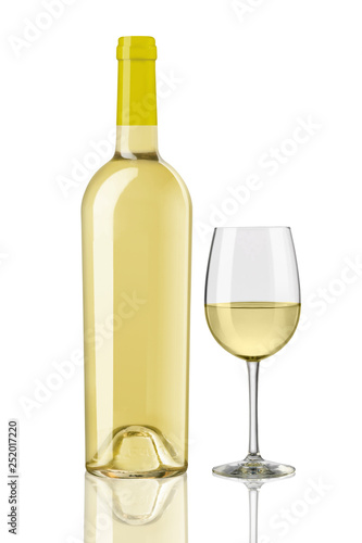 white wine bottles and glass on white background