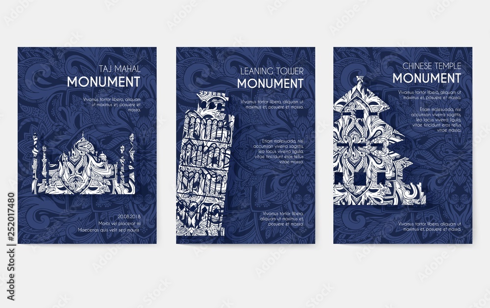 set of art ornamental travel and architecture on ethnic floral style flyers. Vector decorative banner of card or invitation design. Historical monuments of France, England, Italy, USA, Germany, Mexico