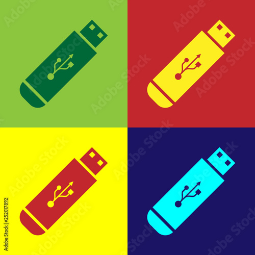 Color USB flash drive icon isolated on color backgrounds. Flat design. Vector Illustration