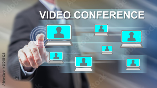Man touching video conference concept