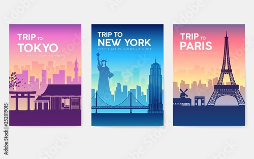 Travel information cards. Landscape template of flyer, magazines, posters, book cover, banners. Country of Japan, USA, France set