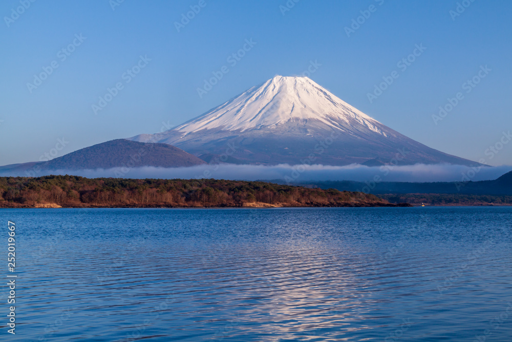 本栖湖湖畔から夕照の富士山