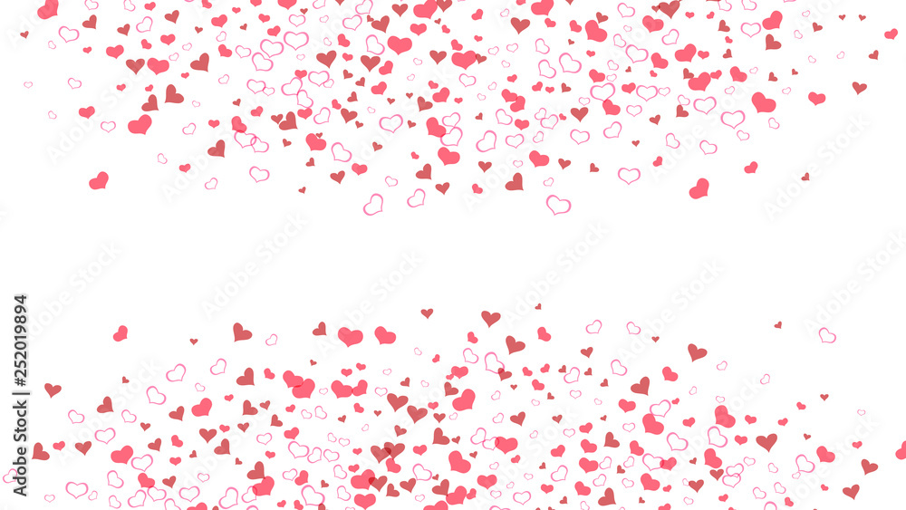 Spring background. Red hearts of confetti are flying. Part of the design of wallpaper, textiles, packaging, printing, holiday invitation for Valentine's Day. Red on White fond Vector.