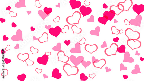 Red hearts of confetti are flying. A sample of wallpaper design, textiles, packaging, printing, holiday invitation for wedding. Red on White fond Vector. Festive background.