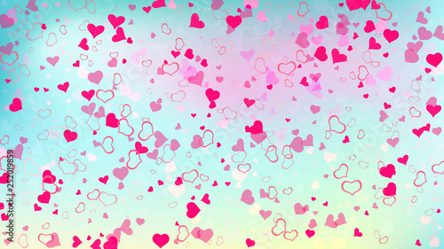 Red on Gradient fond Vector. Stylish background. Red hearts of confetti are falling. The idea of wallpaper design, textiles, packaging, printing, holiday invitation for birthday.