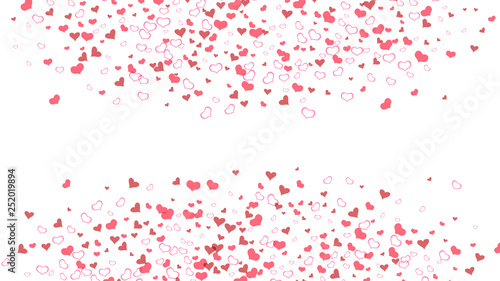 Spring background. Red hearts of confetti are flying. Part of the design of wallpaper, textiles, packaging, printing, holiday invitation for Valentine's Day. Red on White fond Vector.