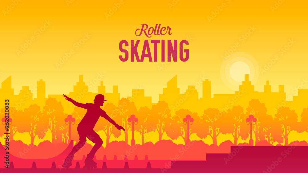 Roller skating in the city park vector illustration. Sport lifestyle design concept. Setting of laces on black roller