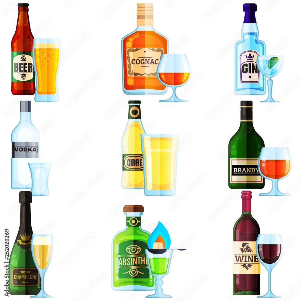 Big Set of Different Bottles of Alcohol Drinks with Glass. Beer, Cognac, Gin, Vodka, Cidre, Brandy, Champagne, Absinthe, Wine. Big Set of Different Bottles of Alcohol Drinks with Glass. Beer, Cognac, Gin, Vodka, Cidre, Brandy, Champagne, Absinthe, Wine.