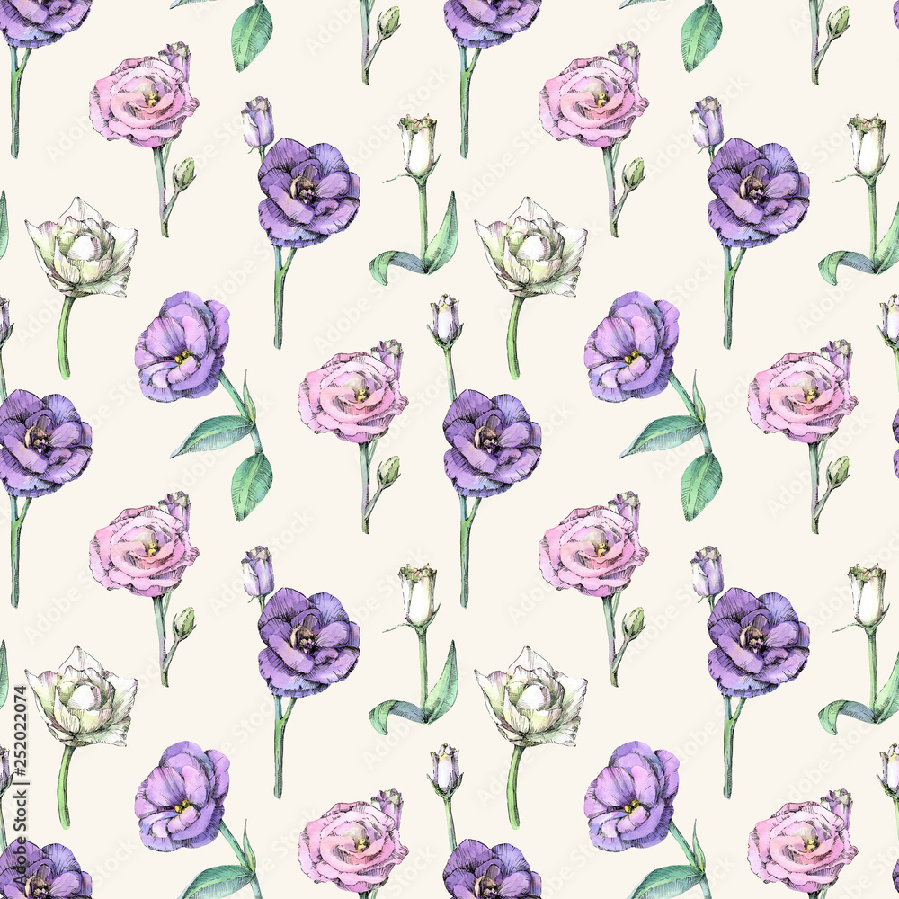 Seamless pattern with eustoma flowers on beige background. Hand painted in watercolor.