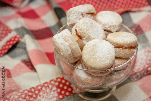 Vanilice, traditional Serbian small sandwich cookies in glass bowl. 