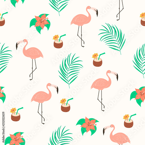 Cute flamingo, tropical palm leaves and coconut cocktail seamless pattern. Hello summer exotic texture. 
