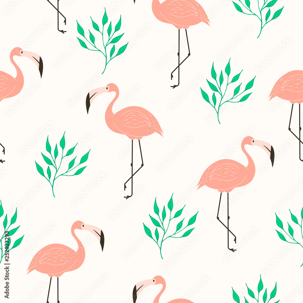 Cute flamingo and tropical leaves seamless pattern. Hello summer exotic texture. Cute flamingo and tropical leaves seamless pattern. Hello summer exotic texture.