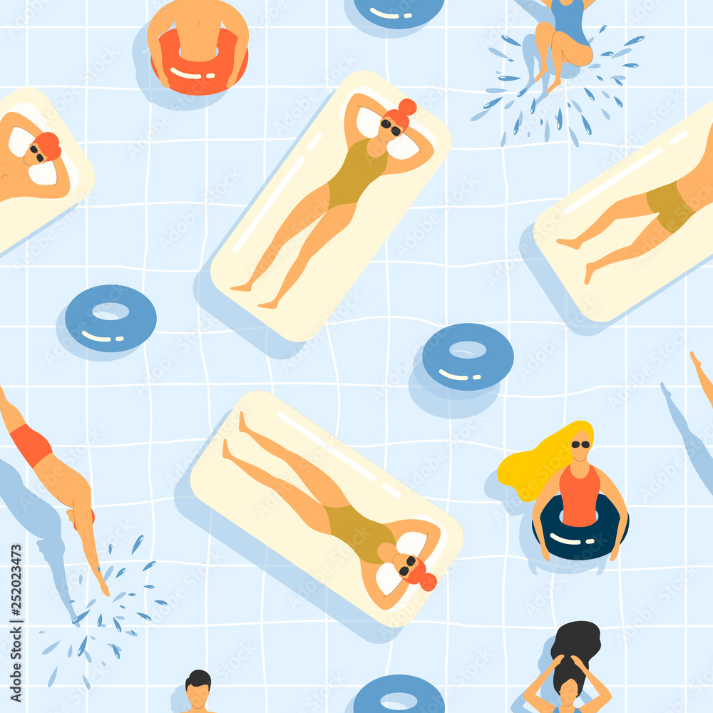 Seamless pattern with people in bikini at the swimming pool chilling, sunbathing and diving. Water chill out vector illustration.