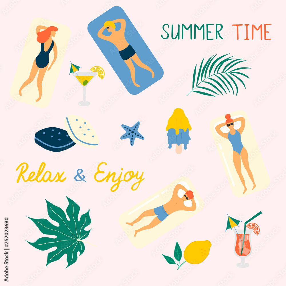Summer beach vector illustration. Enjoying people chilling, sunbathing and relaxing near the sea or ocean with tropical leaves, ice cream..