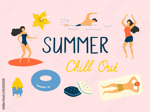 Summer people chilling, surfing, sunbathing and swimming in bikini at the sea. Water relaxing vector illustration.