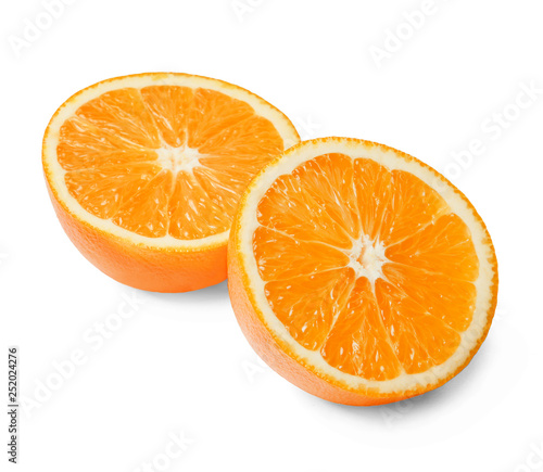 Two halves of fresh juicy orange on a white isolated background. Close-up. Top side view.