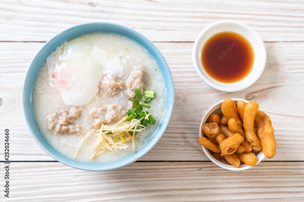 congee with minced pork in bowl