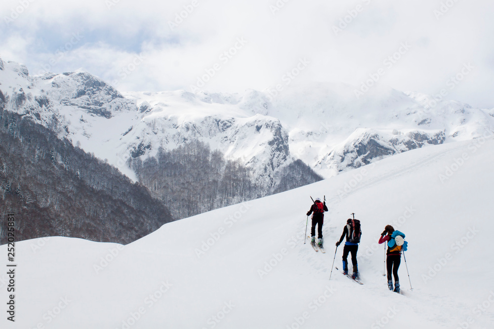 people doing touring ski in a mountain covered of snow