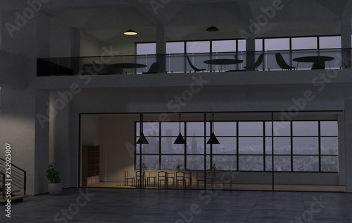 The modern office interior in the late evening. 3D render