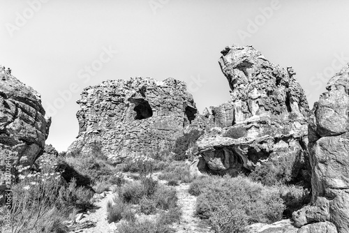 Rock formations at the Stadsaal Caves in the Cederberg. Monochrome photo