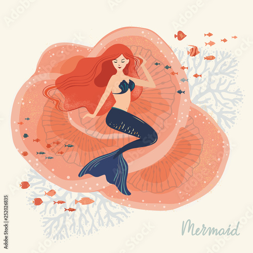 A vector illustration of a mermaid sitting on corals at the bottom of the ocean with various elements of marine life. Illustration with lettering. The life of mermaids under water.