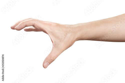 Male hand holding or grabbing something, isolated on white background photo