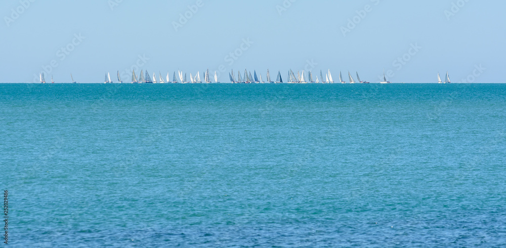 In the sea, sailing a lot of sailboats. Competitions are held yachtsmen