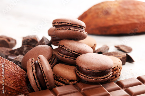 Sweet and colourful french macaroons or macaron with chocolate.