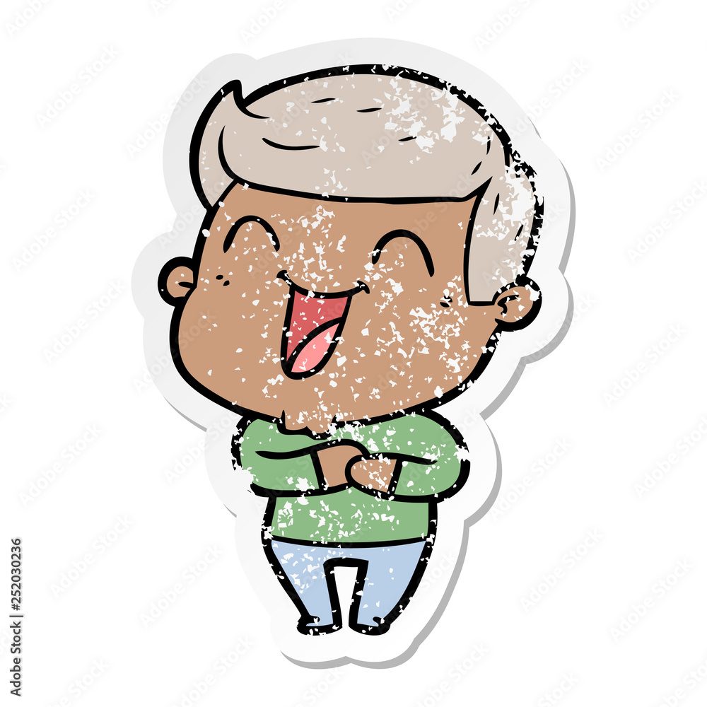 distressed sticker of a cartoon man laughing distressed sticker of a cartoon man laughing