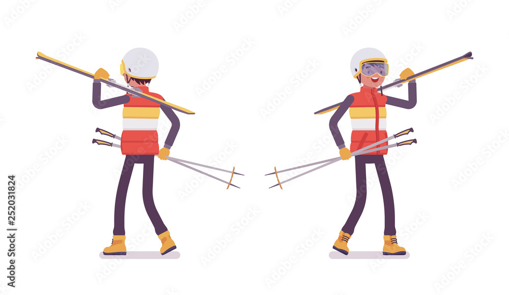 Sporty man carrying equipment, winter outdoor activities on ski resort. Guy having active holiday, fun and wintertime recreation. Vector flat style cartoon illustration isolated on white background